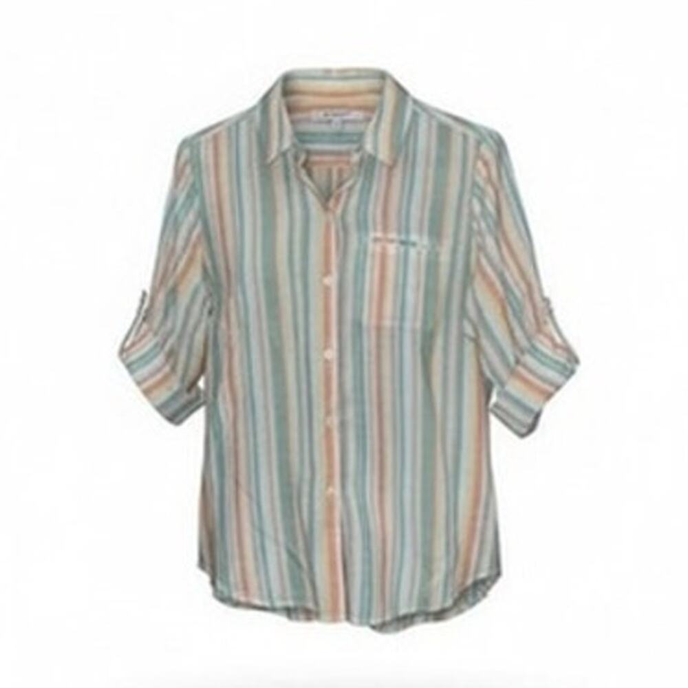 Foxcroft NYC Button-Up Shirt Womens‎ Petite 10P Pastel Striped 3/4 Sleeve